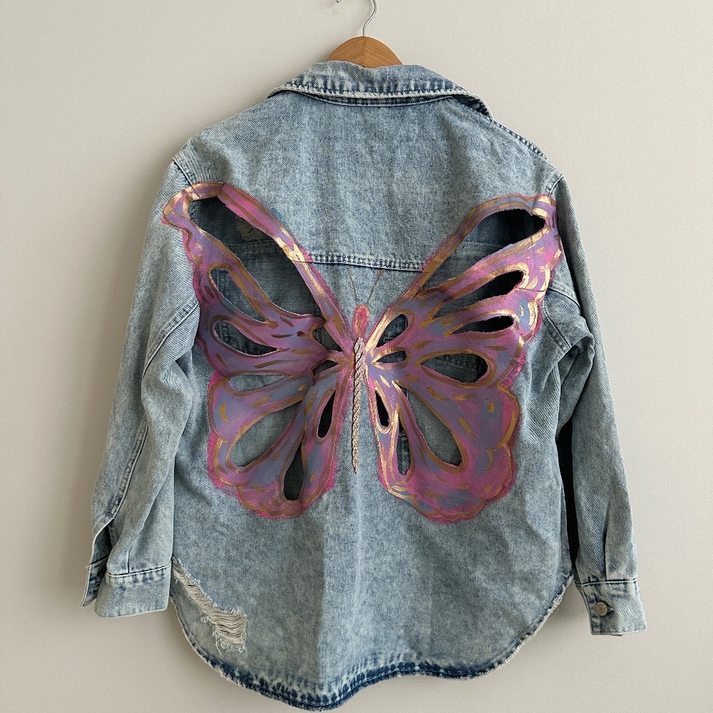 Judith March Distressed Butterfly Cutout Jean Jacket